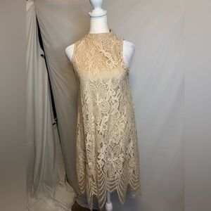 love, Fire Cream/Bone Elegant Lace Sleeveless Midi Dress, Feather Hemline, Lined